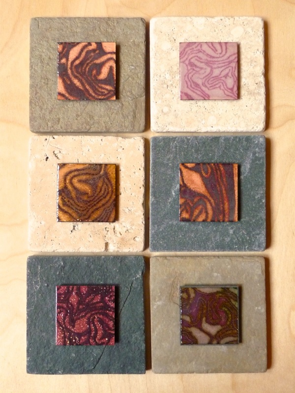 Enamel tiles: red cabbage riso screen prints